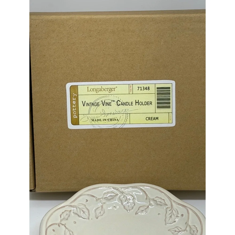Longaberger VTG‎ Vine Candle Holder Cream Pottery Embossed Leaf Scalloped 71348